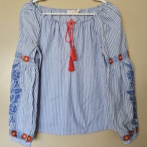 Tory Burch Blue Striped Boho Peasant Top Tassel Tie Embroidered Blouse Size 0